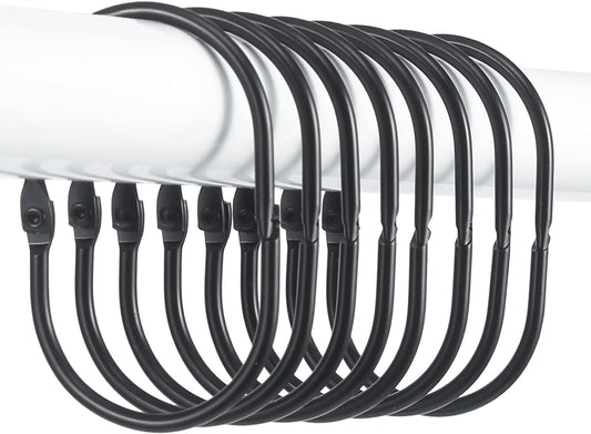 Shower Curtain Rings, 12 Pcs Shower Curtain Hooks, Oval Snap Shower Rings for Curtain, Metal Black Shower Curtain Rings Rust Proof, Glide Smoothly Shower Hooks for Shower Curtain Rod (Black)