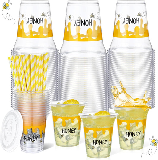 100-Pack 12 Oz Honey Bee Plastic Disposable Cups with Lids and Straws for Juice, Water, and Coffee - Ideal for Summer and Sports Parties