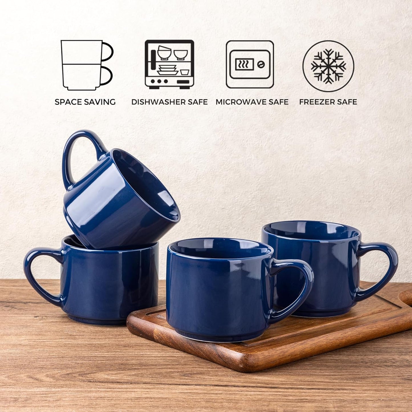 14 oz Stackable Ceramic Coffee Mug Set of 6 in Navy Blue - Modern Cups for Latte, Cappuccino, and Hot Cocoa - Dishwasher and Microwave Safe