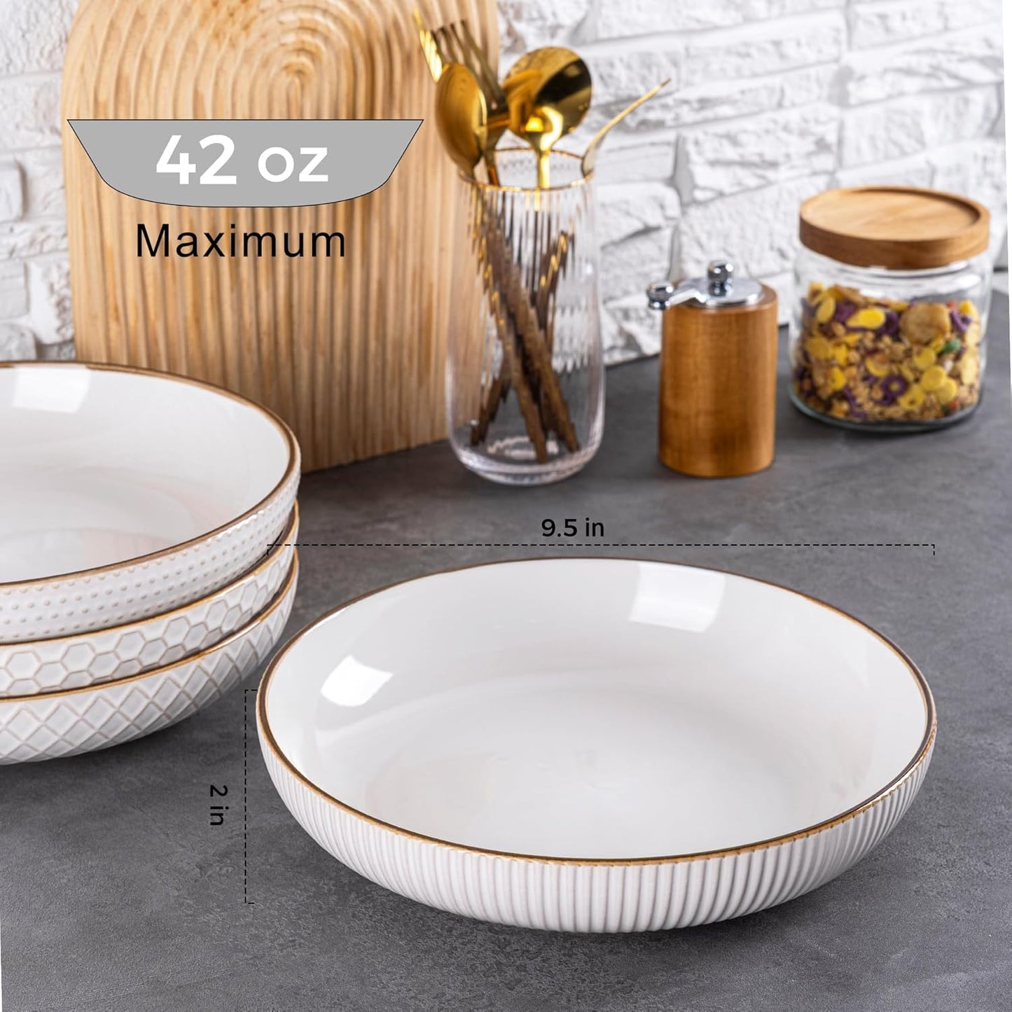 Set of 4 Off-White 9.5'' Large Stoneware Pasta and Salad Bowls - 42 Ounce Ceramic Serving Bowls with Textured Design for Pasta, Fruit, Stews, and Noodles - Ideal Housewarming Gift