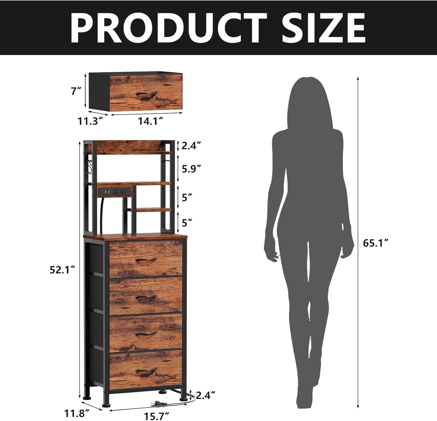 Tall Nightstand with LED Charging Station, USB Ports, Four Fabric Drawers, and Four-Tier Storage Shelf - Rustic Brown Bedside Table for Bedroom, Home, Dorm, and Office