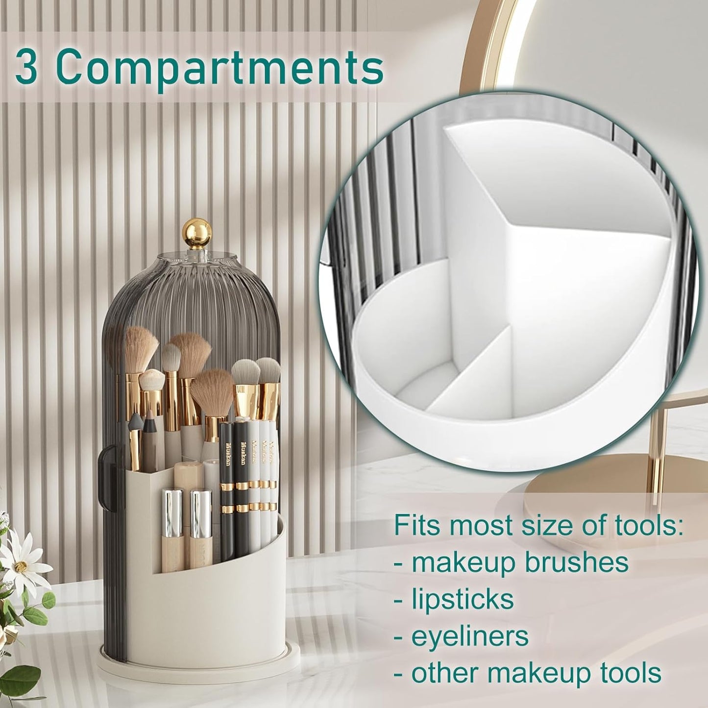 Makeup Brush Holder with Lid Cosmetic Tools Organizer 360 Rotating Waterproof Dustproof Makeup Brushes Storage for Vanity, Grey