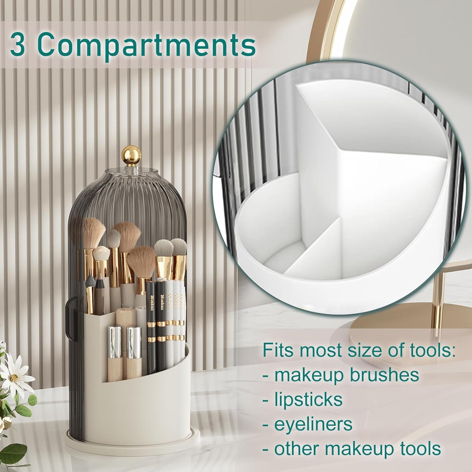 Makeup Brush Holder with Lid Cosmetic Tools Organizer 360 Rotating Waterproof Dustproof Makeup Brushes Storage for Vanity, Grey