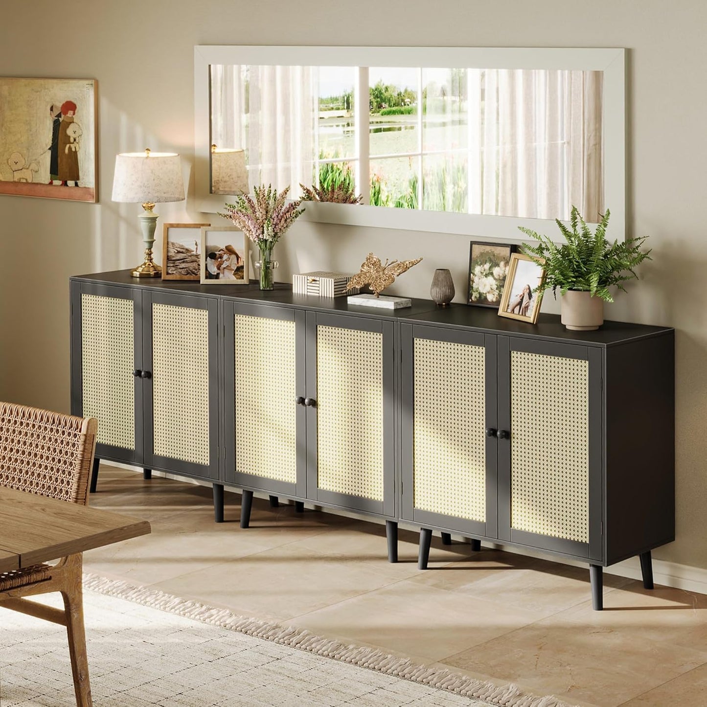 Buffet Cabinet with Storage and Synthetic Rattan Decor Doors, Solid Wood Legs, Ideal for Hallway, Entryway, or Living Room, Black Finish