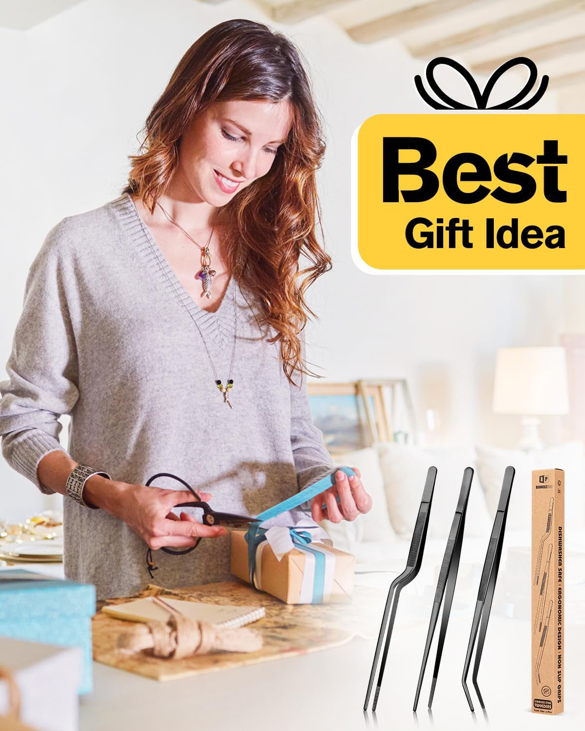 Fine Cooking Tweezers Set, Professional Stainless Steel Food Tongs, Kitchen Black Long Chef Tweezer for Cooking, Plating, Decorating and BBQ (BLACK, 10 Inch)