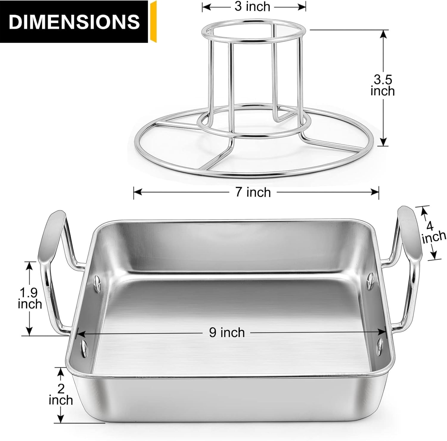 Beer Can Chicken Holder with Roasting Pan Set, 9-Inch Stainless Steel Square Baking Pan and Chicken Rack for Grilling, Heavy Duty & Dishwasher Safe, 2Pcs
