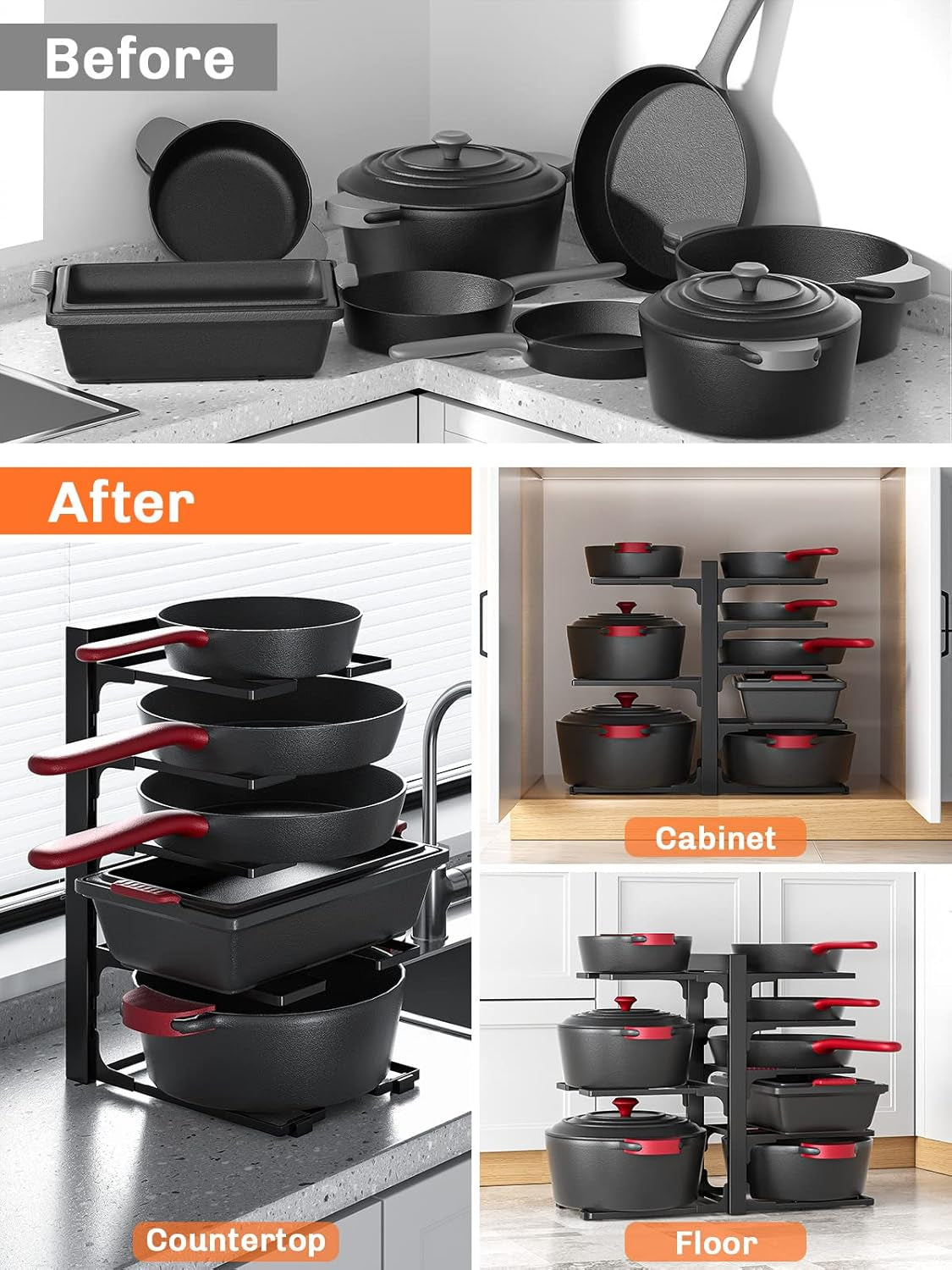 8-Tier Pan Organizer Rack for Kitchen Cabinet Storage and Organization, 15.83" Height Heavy Duty Pots and Pans Organizer under Cabinet, Adjustable Pot Organizer Rack