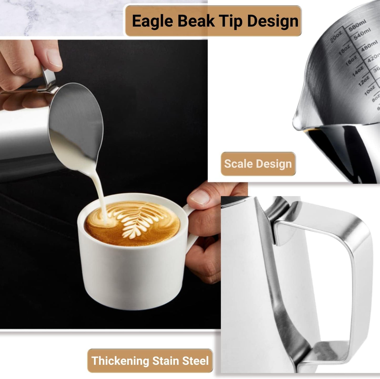 Milk Frothing Pitcher, 2Pcs, 350Ml & 600Ml, Milk Frother Cup Stainless Steel Jug Steaming Pitcher, Milk Coffee Cappuccino Latte Art Barista Steam Pitchers Milk Jug Cup with Decorating Pen