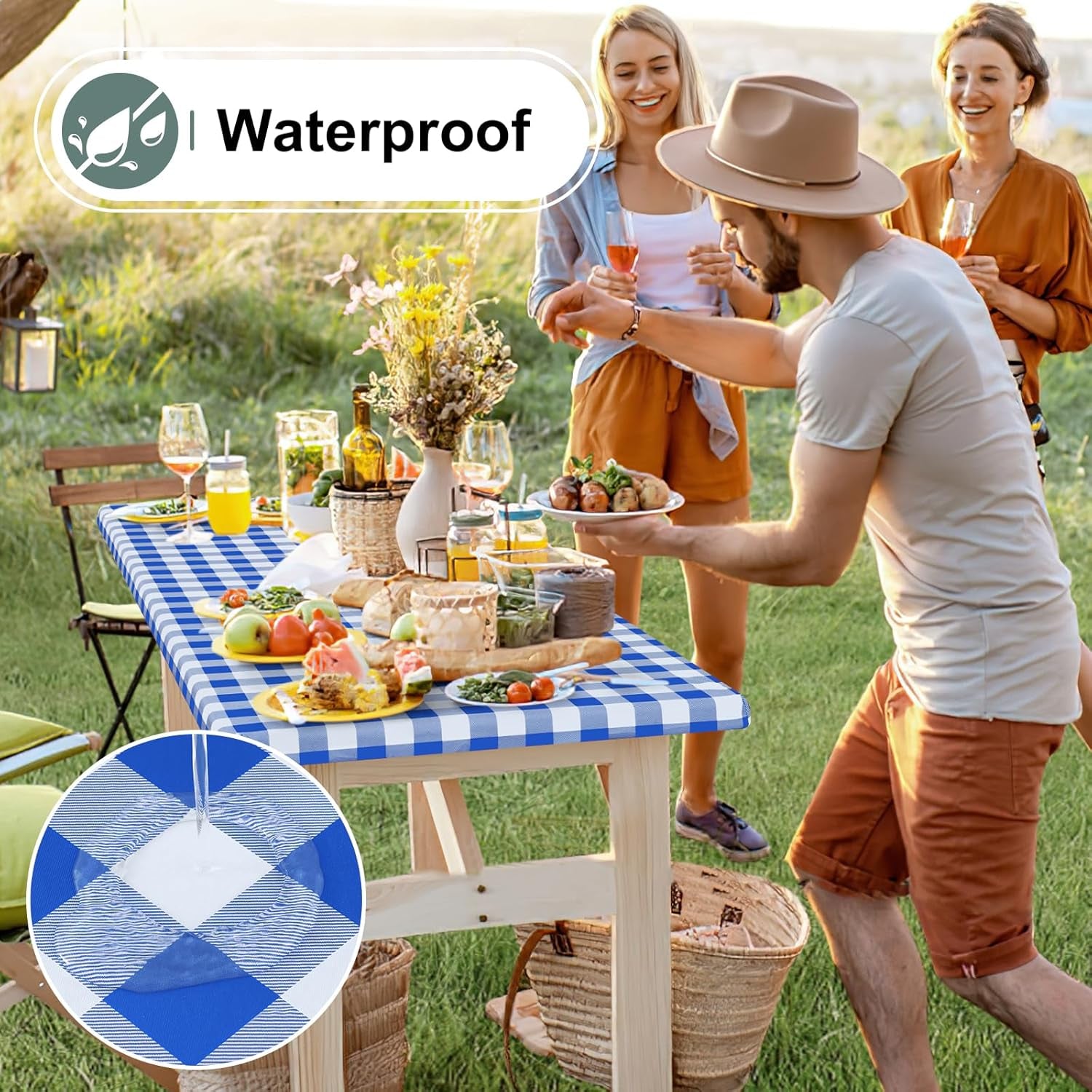 Buffalo Rectangle Picnic Tablecloth, 6 Foot Elastic Fitted Vinyl Table Cloth with Flannel Backing, Waterproof Plaid Table Covers for Dining, Camping, Outdoor (Blue and White, 30" X 72")