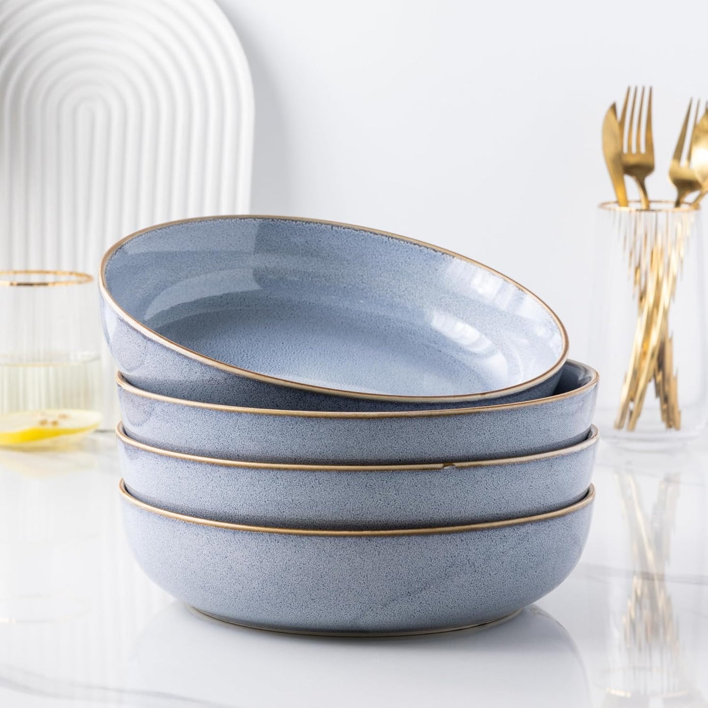 Large 9-Inch Ceramic Pasta Bowls Set of 4, 38 Oz Stoneware Serving Bowls for Kitchen – Versatile Wide Bowls for Fruit, Pasta, Salad, Oatmeal, Microwave Safe with Reactive Blue Glaze