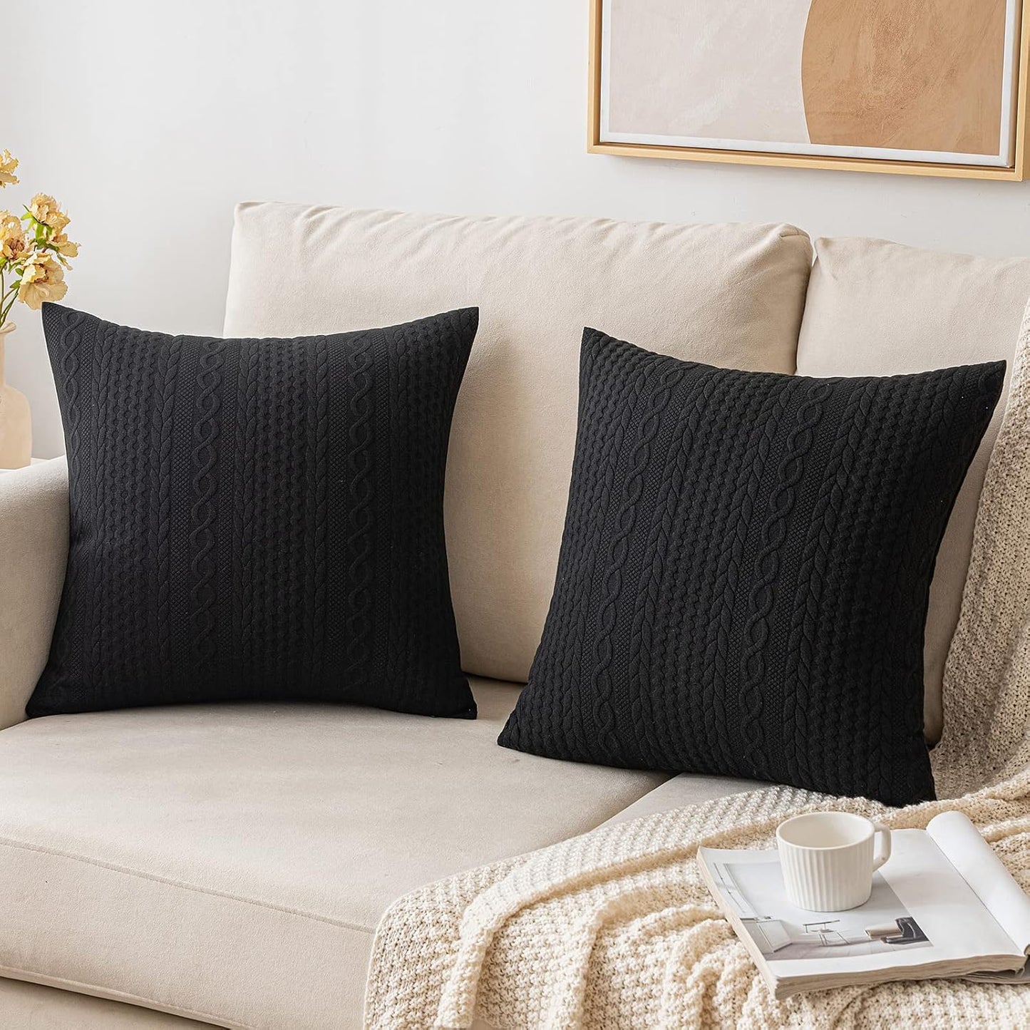 Fall Decorative Throw Pillow Covers Set of 2 Super Soft Modern Stretchy Embossed Patterned Cushion Covers for Halloween Farmhouse Couch Sofa Livingroom Bed,Black 18X18 Inch