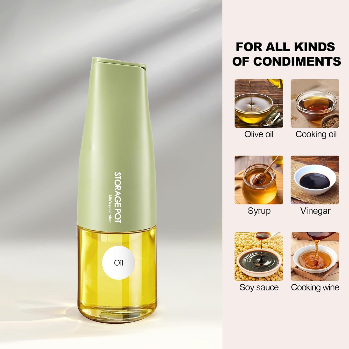 Large Capacity Olive Oil Dispenser - 500ml Glass Vinegar Drizzler, Leak-Proof Oil Bottle, Non-Drip Soy Sauce Dispenser with Pourer and Labels (Green)