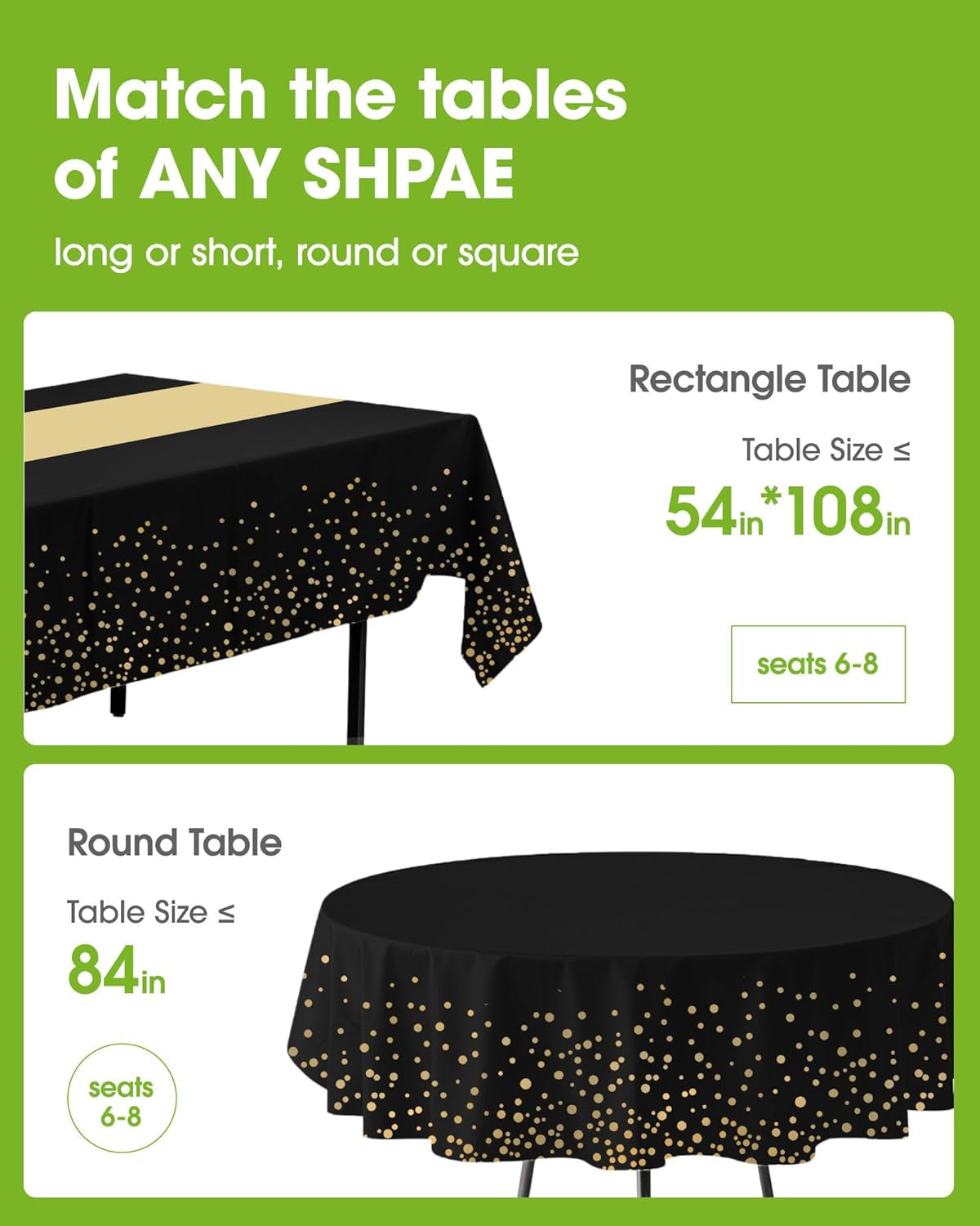 Plastic Table Cloth Disposable 8 Pack, 54 X 108 Inch, Table Runner Style, Graduation Decorations 2025, Party Tablecloths, Rectangle, Plastic Cover, Leakproof & Sturdy, Black Gold