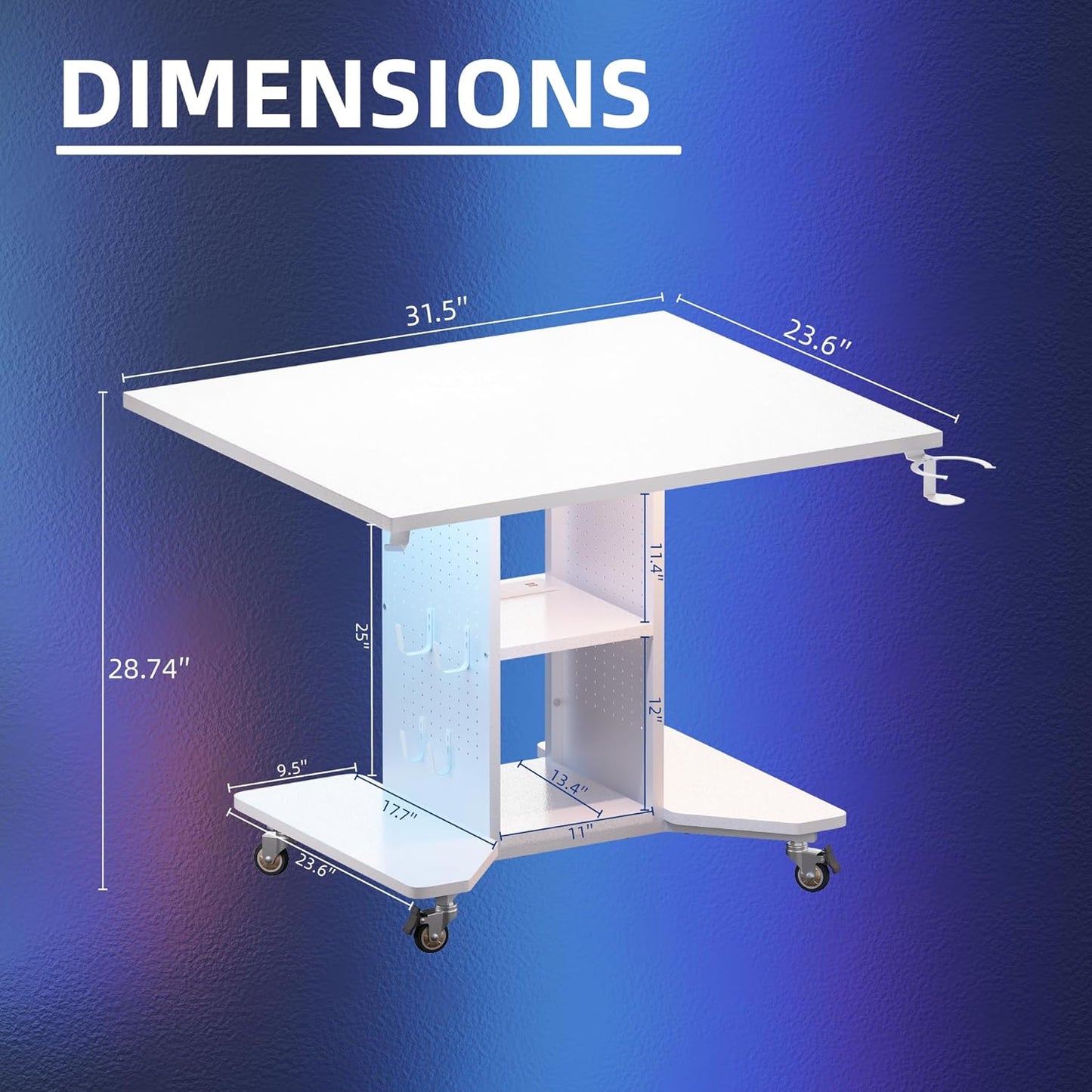 Small Rolling Gaming Desk with Led Lights Power Outlets and Storage Pegboard, Small Spaces Compact PC Computer Table White