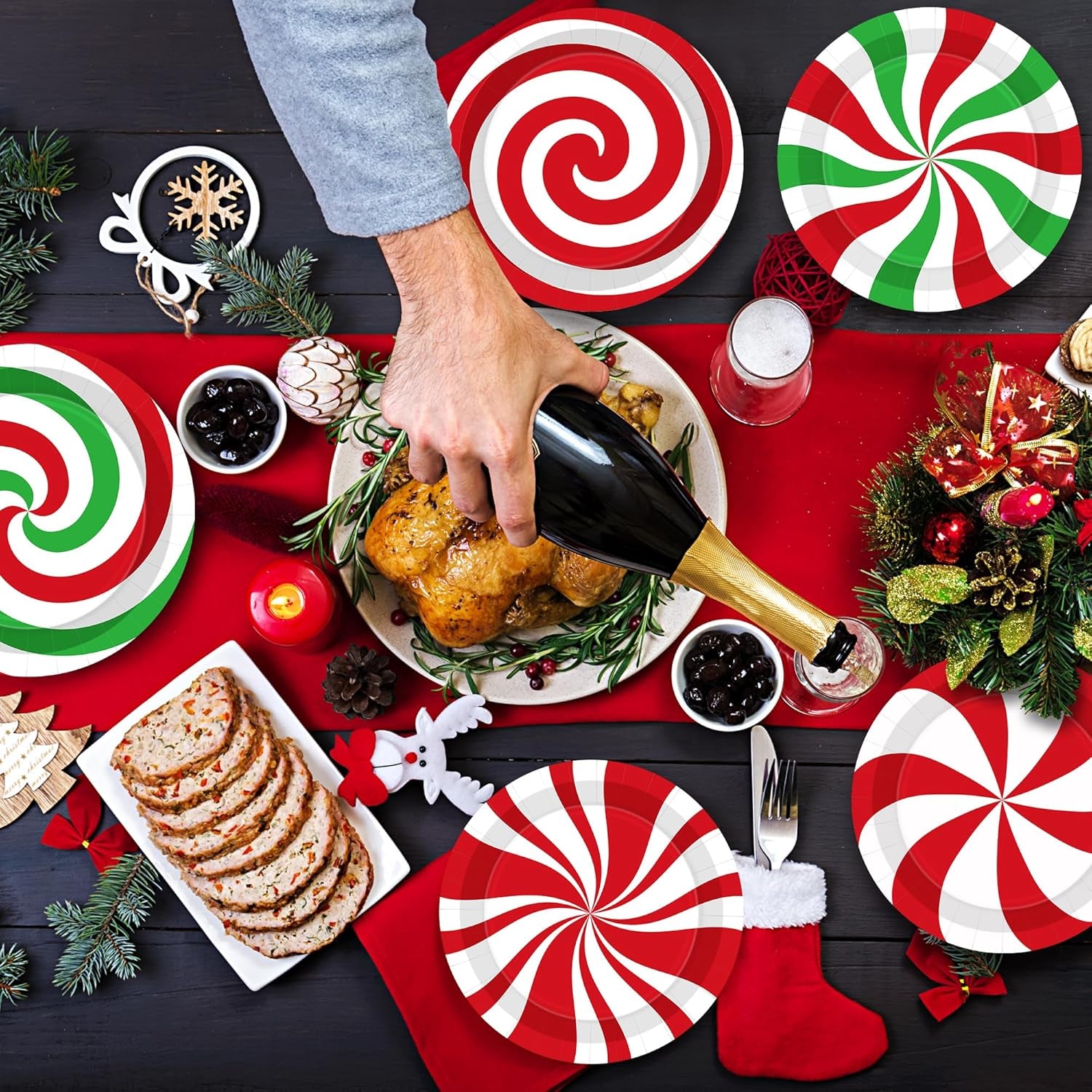 50 PCS Christmas Paper Plates, 9" Christmas Plates Disposable Party Set, 6 Designs Red White Green Candy Design Xmas Dinnerware, Xmas Tableware for Winter Ugly Sweater Party