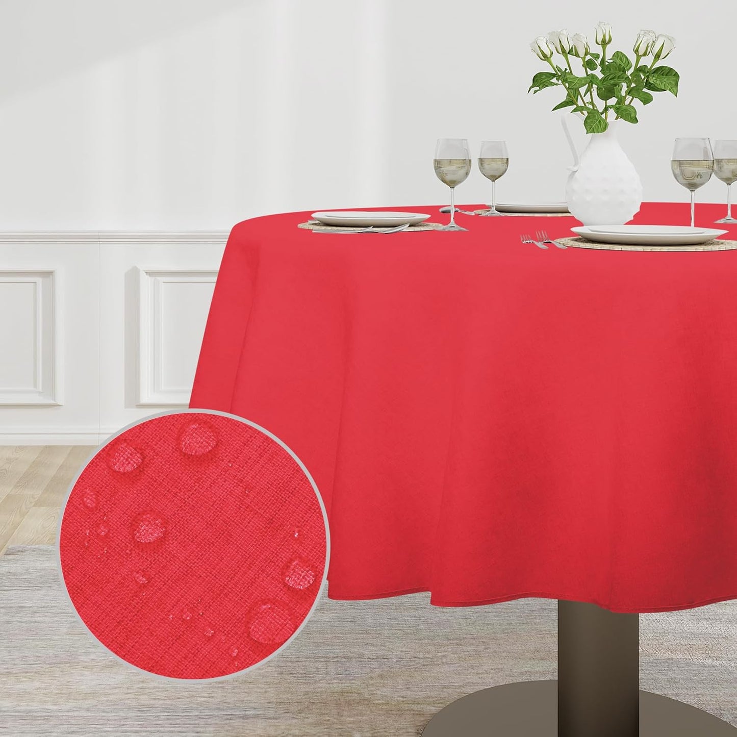 Faux Linen Waterproof Spill-Proof Tablecloth Stain Resistant round Table Cloth Wrinkle Free Decorative Fabric for Kitchen, Dining, Party, Weddings, Restaurants (70 In-Round, Red)