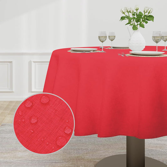 Faux Linen Waterproof Spill-Proof Tablecloth Stain Resistant round Table Cloth Wrinkle Free Decorative Fabric for Kitchen, Dining, Party, Weddings, Restaurants (70 In-Round, Red)