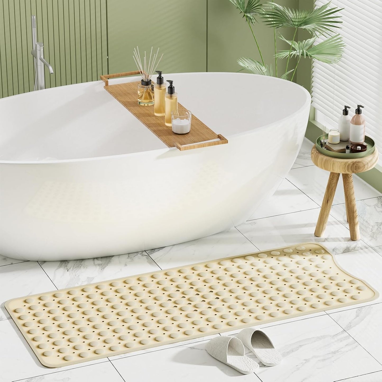 Shower Mat Non Slip 40 X 16 Inches, Shower Stall Mats with Suction Cups and Drain Holes, Non Slip Bath Mat for Tub for Elderly & Kids, Beige