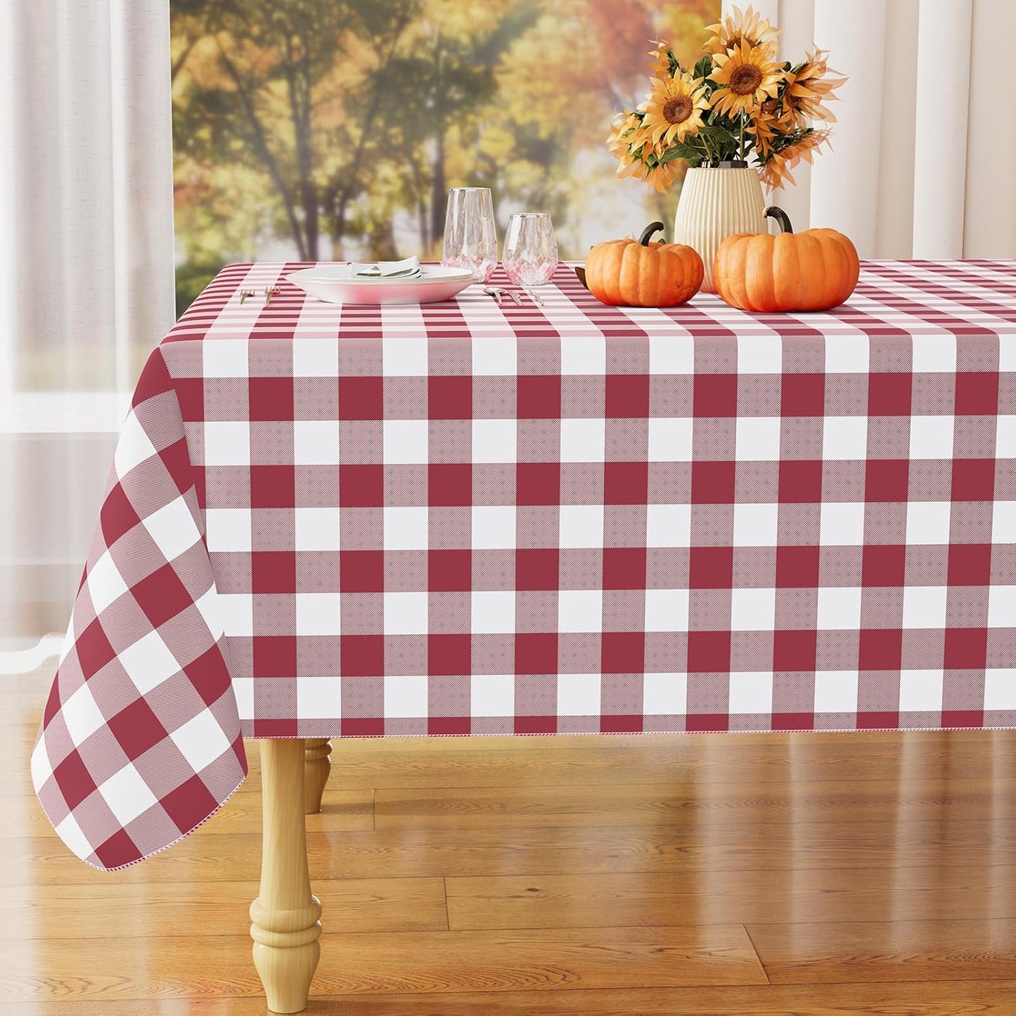 Rectangle Waterproof Vinyl Table Cloth, Buffalo Flannel Backed Tablecloth, Wipeable Plastic Table Cover for Dinner, Kitchen, Outdoor (60" X 84", Burgundy and White)