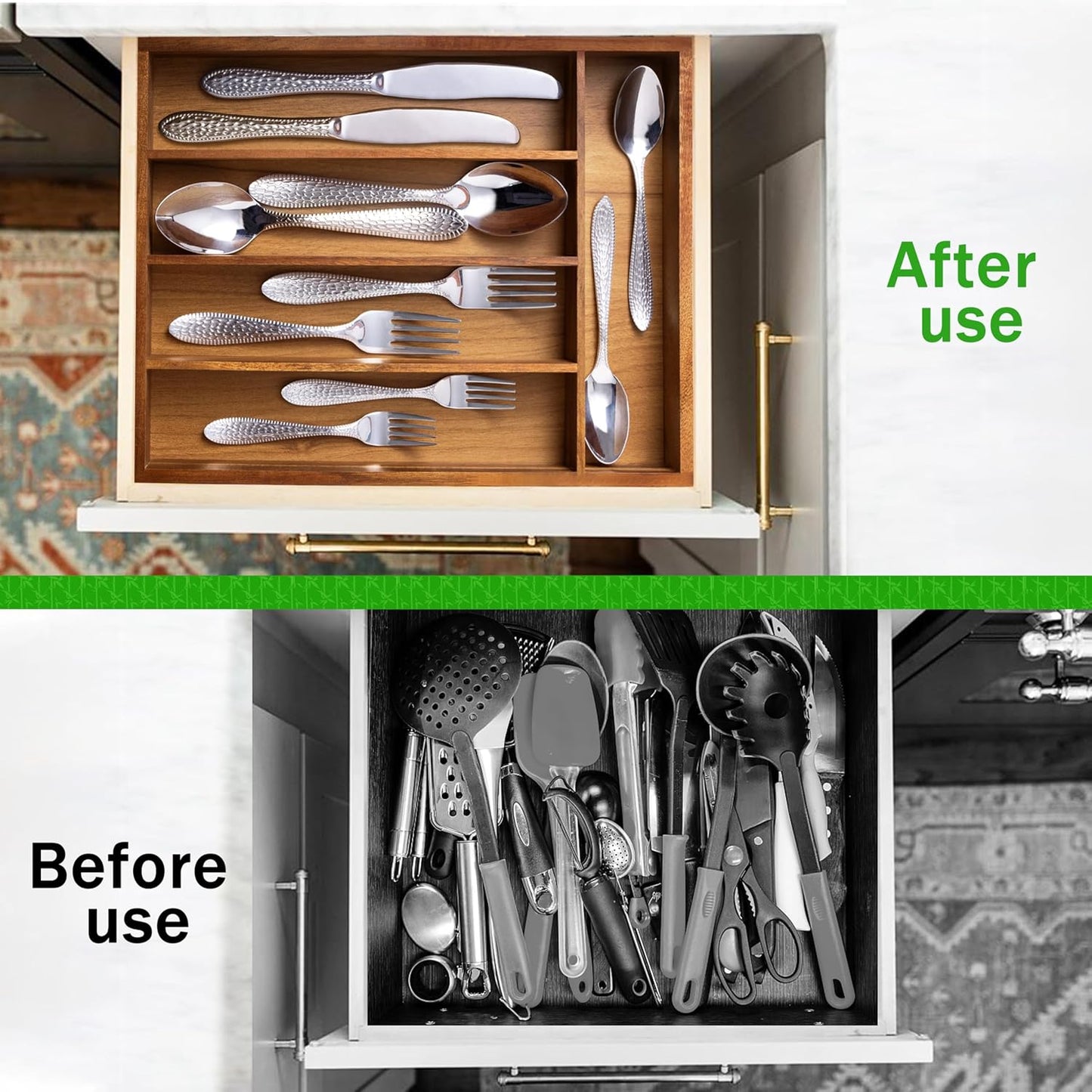 Silverware Organizer 10 in Utensil Organizer Silverware Tray for Drawer Cutlery Flatware Organizer for Kitchen Acacia Wood
