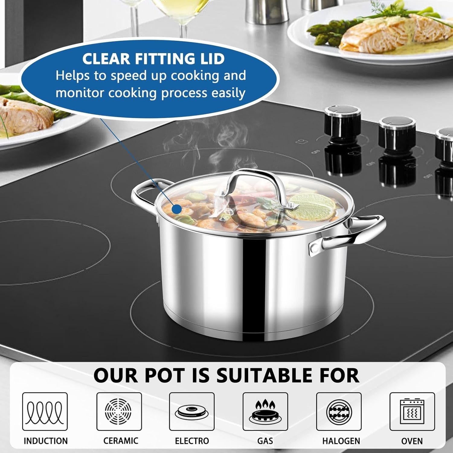 4 Quarts Cooking Stock Pot with Lid, Stainless Steel Stockpot Induction Pot for Soup, Tri-Ply Bottom & Clear Glass Lid & Double Handle, Dishwasher Safe