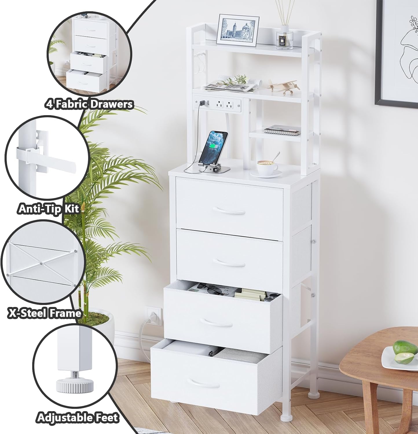Tall LED Nightstand with Charging Station, USB Ports, 4 PVC Fabric Drawers, and 4-Tier Storage Shelf - Versatile Bedside Table for Bedroom, Dorm, or Office (White)