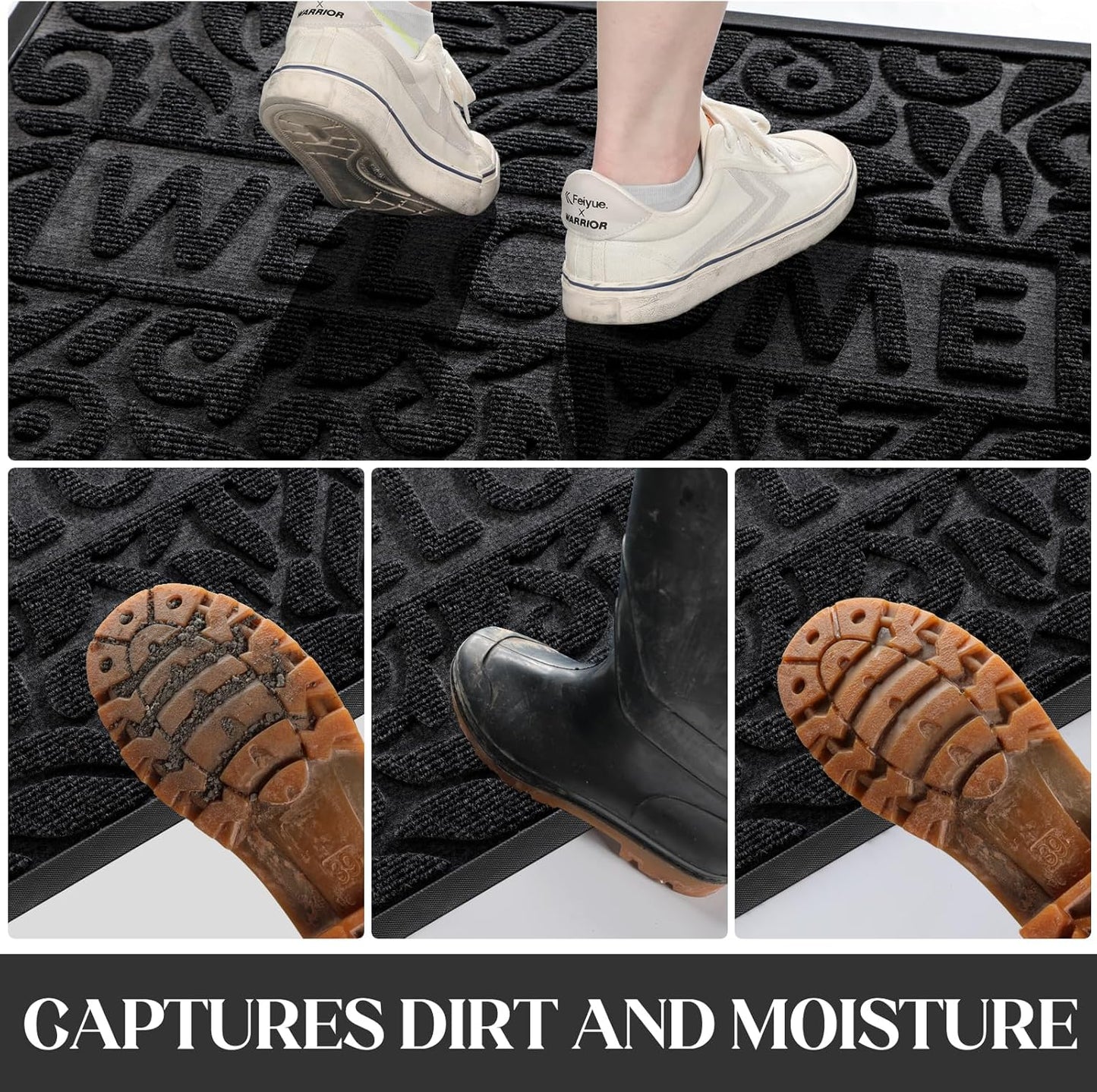 Welcome Mat Outdoor, 29.5X17 Waterproof Door Mat outside Entrance, All-Weather Non Slip Front Door Mat, Low-Profile Entryway Mat Indoor, Porch and Patio, Black