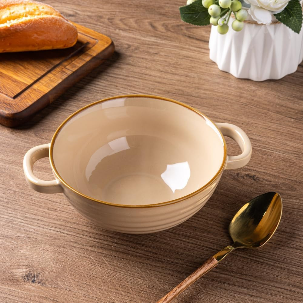 Ceramic Soup Bowls with Double Handles, 24 oz Set of 4 - Ideal for Soup, Cereal, Stew, Salad, Noodles, Ramen - Microwave and Dishwasher Safe