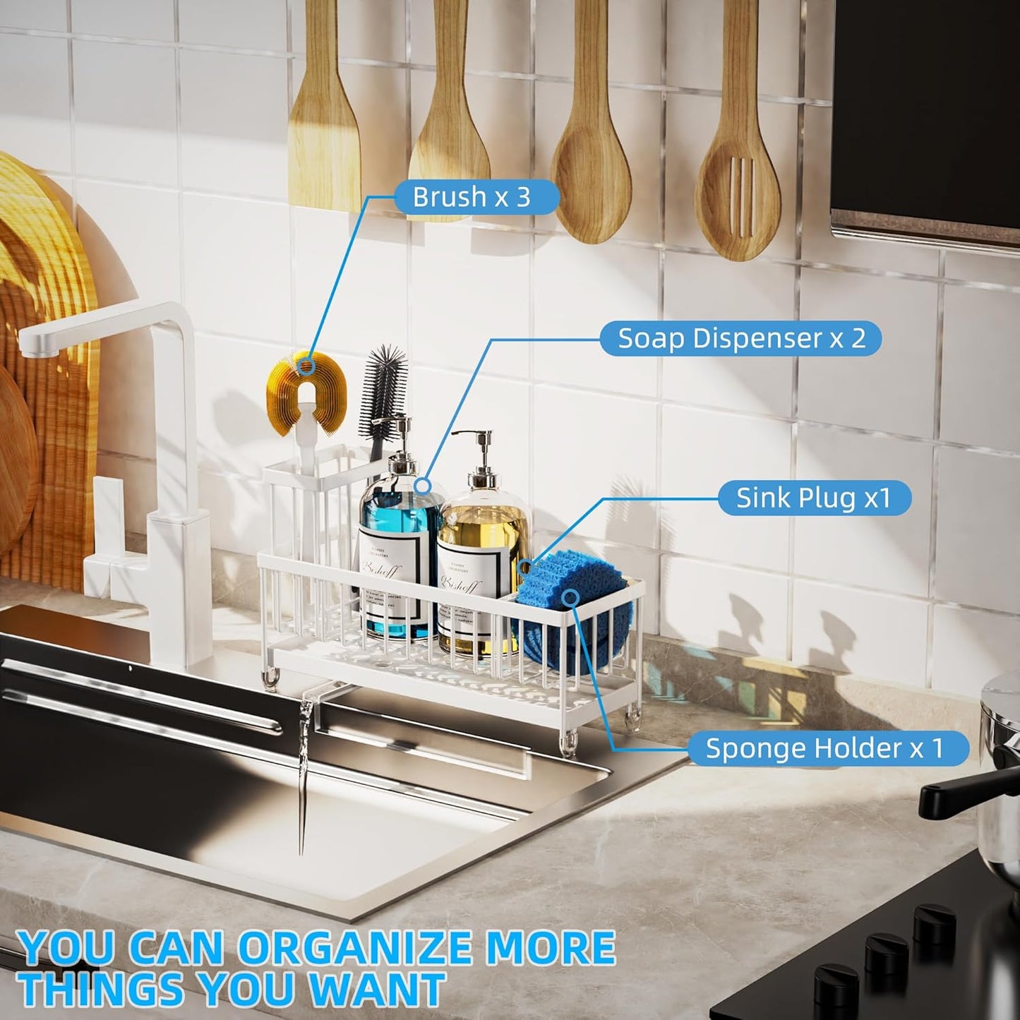 Extra Large Kitchen Sink Caddy, Rustproof Sponge Holder for Kitchen Sink with High Brush Holder, Stainless Steel White Kitchen Caddy Sink Countertop Organizer, Sponge Caddy for Kitchen Sink