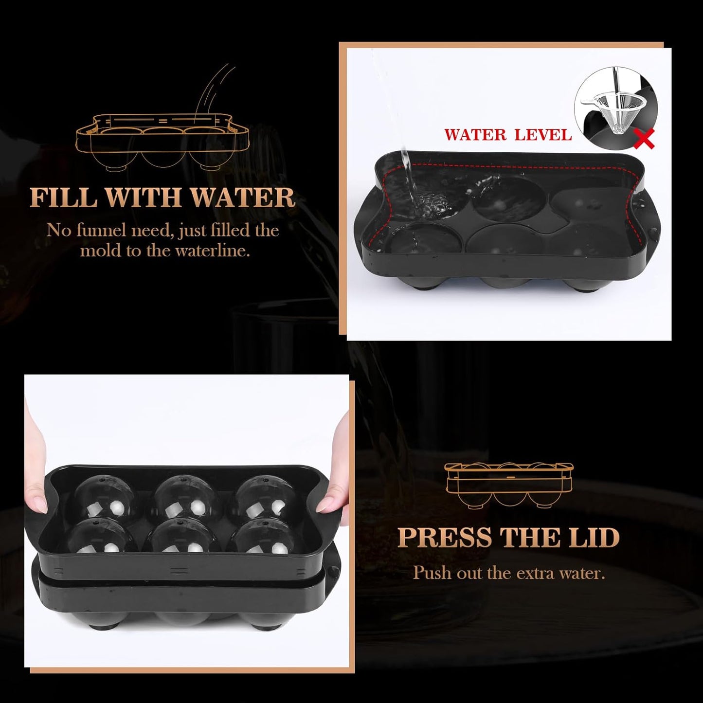 Whiskey Ice Ball Maker with Lid and Bin, 1.9" round Ice Cube Trays for Freezer, Large Sphere Whisky Ices Cubes Tray Circle with Bucket&Tong, Cocktail Bourbon Brandy Scotch(Black-6 Balls*2 Pack)