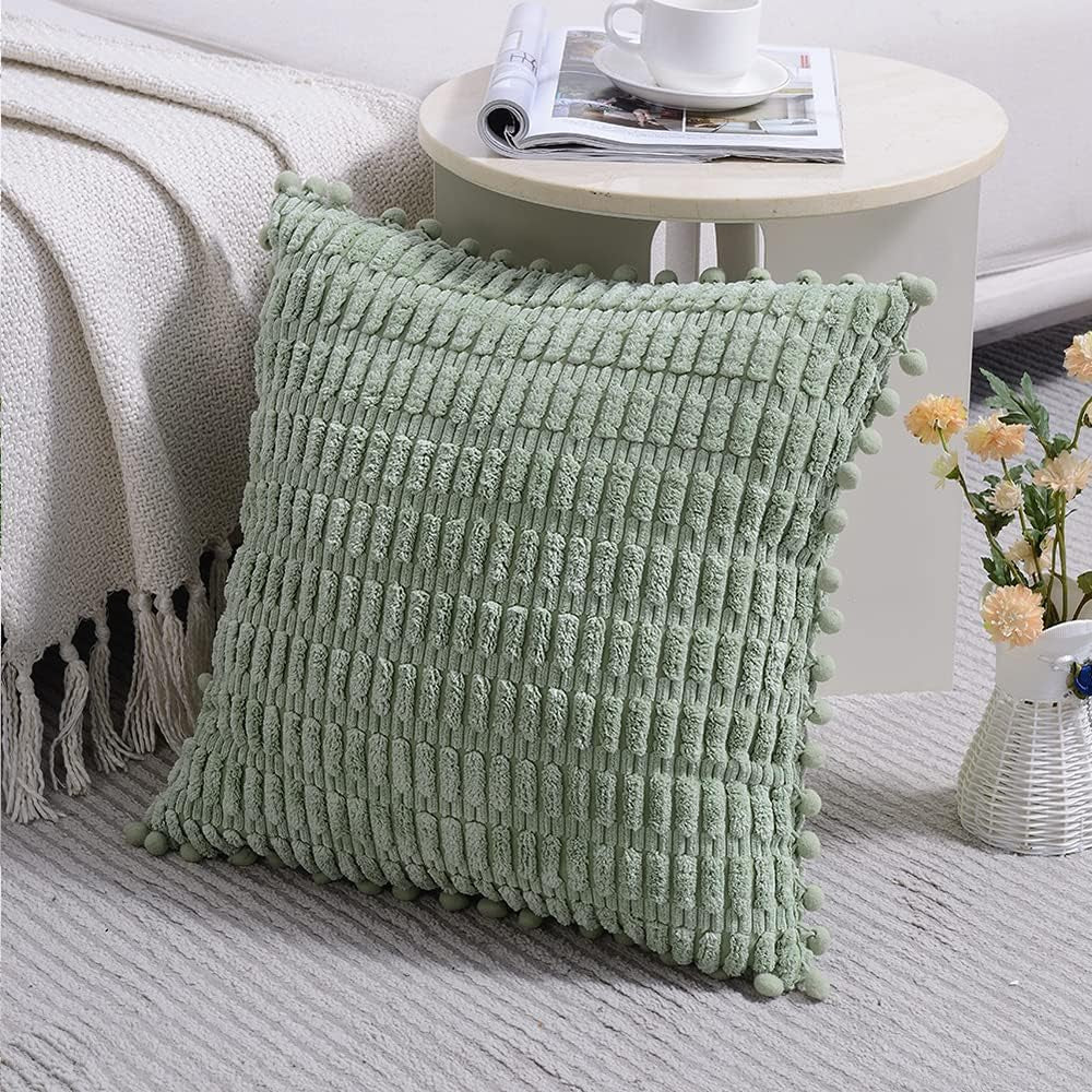 2 Packs Sage Green Decorative Throw Pillow Covers 18X18 Inch with Pom-Poms for Couch Bed Living Room, Farmhouse Boho Home Decor, Soft Corduroy Cute Square Cushion Case 45X45 Cm