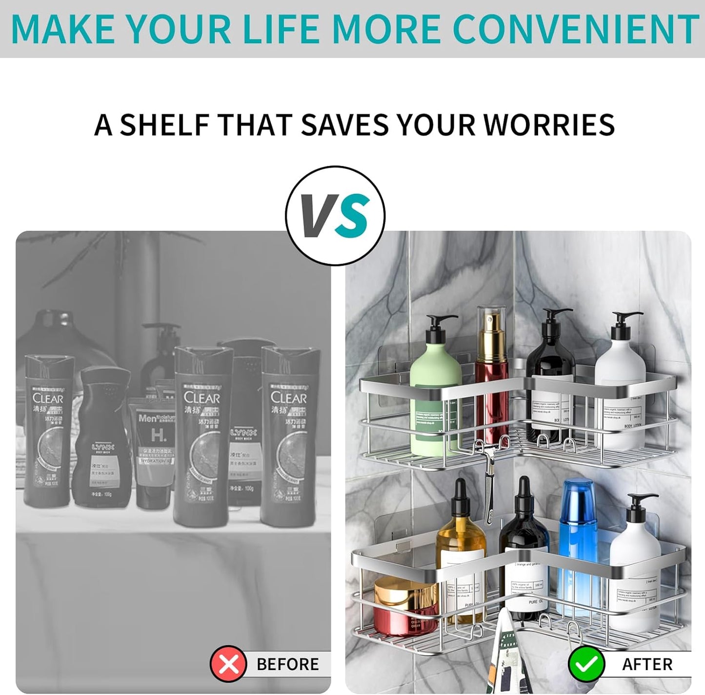 Shower Caddy 2-Pack, No Drilling Shower Organizer Corner Shelf for Bathroom Tub, Stainless Steel Shower Caddy Corner Shelf for Bathroom Kitchen(Silver)