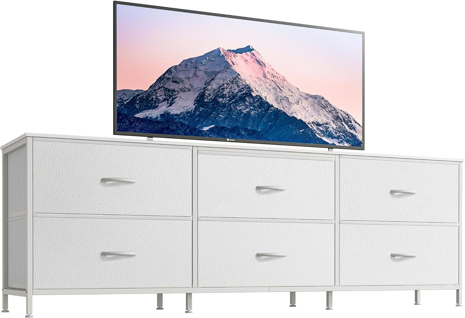 63-Inch Long Dresser and TV Stand for 55 to 70 Inch TVs, 6-Drawer Storage Organizer with Fabric Drawers, PU Leather Finish, Ideal for Bedroom and Entryway, White