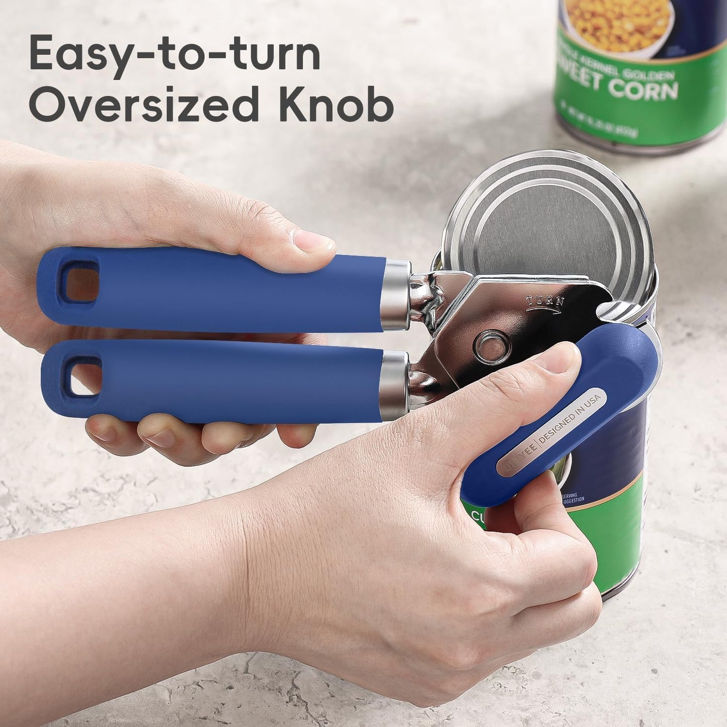 Can Opener Manual,  Hand Held Manual Can Openers Heavy Duty with Smoother Cut Sharp Blade, Manual Hand Can Open with Soft Handle, Easy to Turn Knob, Magnetic Lid Lifter, Blue