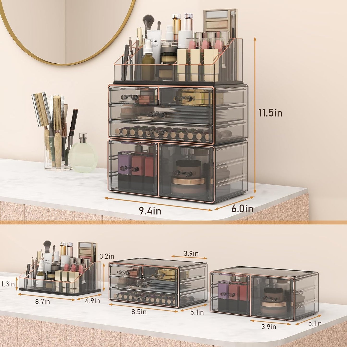 3-Tier 6-Drawer Makeup Organizer Countertop Cosmetic Organizer for Dresser and Vanity | Bathroom Organizers and Storage for Lipstick Brush Skincare Perfume, Nail Polish (Black + Gilded Borders)
