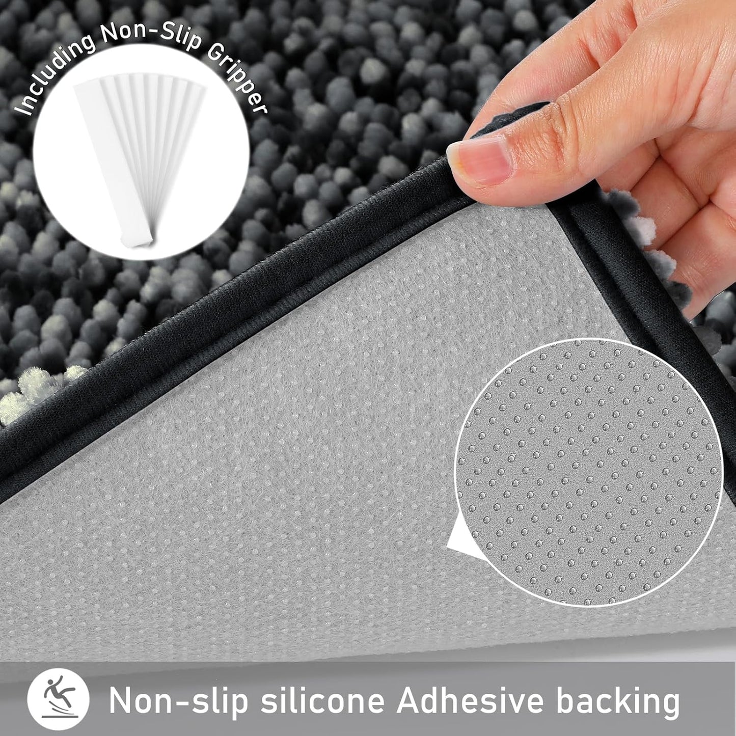 Bath Mats for Bathroom Non Slip, 28X17.5, Extra Soft Chenille Bathroom Rugs, Fluffy Plush Luxury Shower Mat Outside, Water Absorbent, Machine Washable, Black & Dark Gray