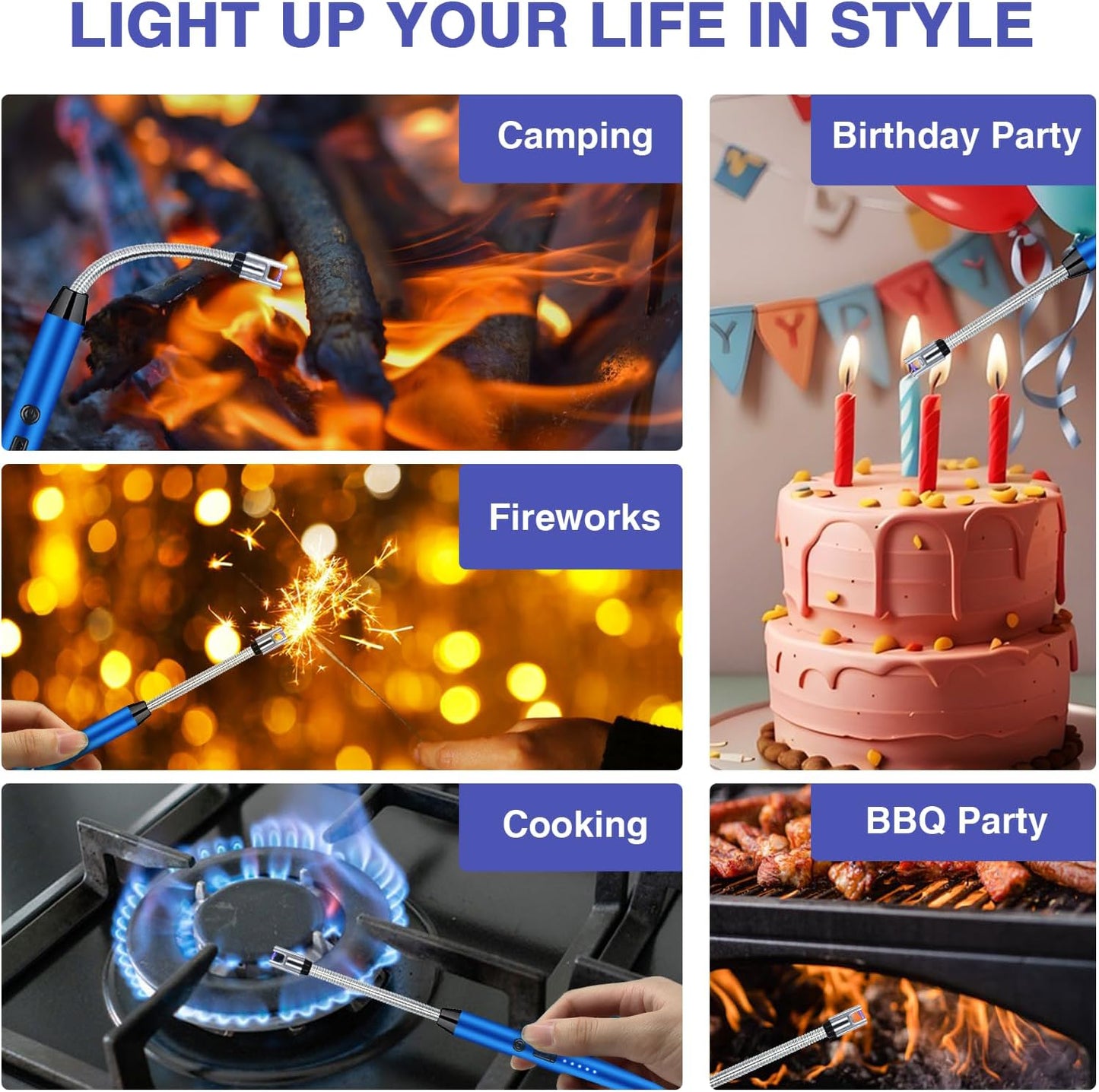 2 PCS Candle Lighter, Electric Lighter Arc Windproof Flameless with 360° Flexible Neck & LED Power Display, Lighters for Candle for BBQ, Grill, Camping, Fireplace, Stove(Blue)