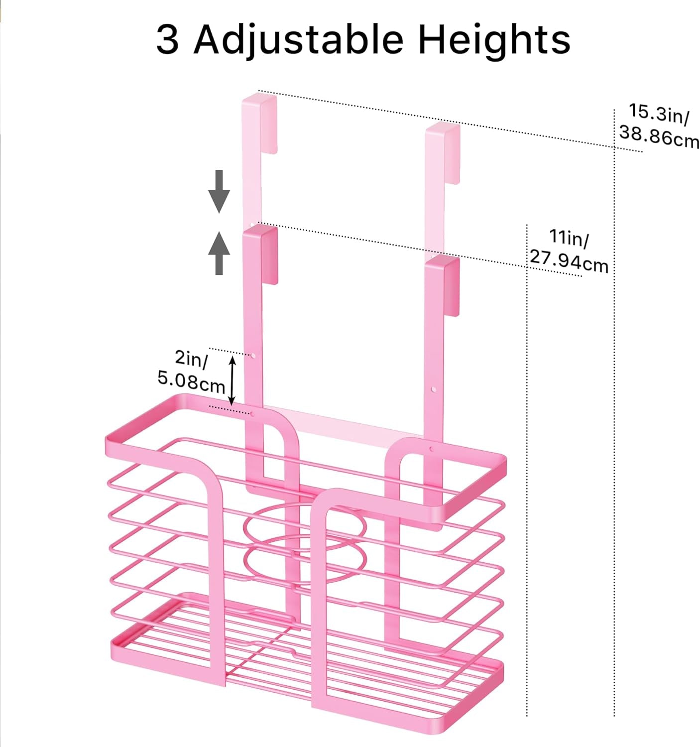 Pink Hair Dryer Holder - 3-Section Organizer for Hair Tools, Wall-Mounted/Cabinet Door Straightener Holder, Adjustable Height Metal Dryer and Curling Iron Organizer