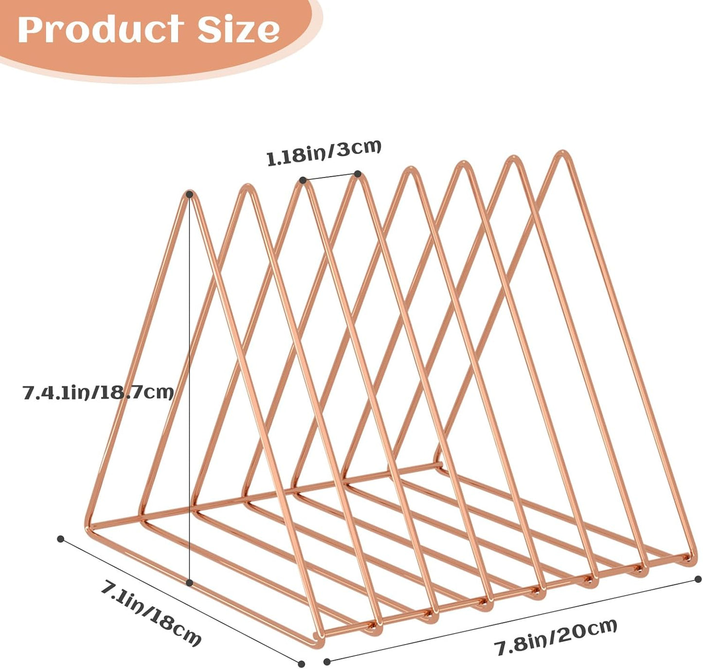 Triangle Desk Organizers Metal Wire Magazine Holder 7 Sections Decorative Vinyl Record Storage Office File Organizer for Desk - Rose Gold Magazine File Holder - 2 Pack