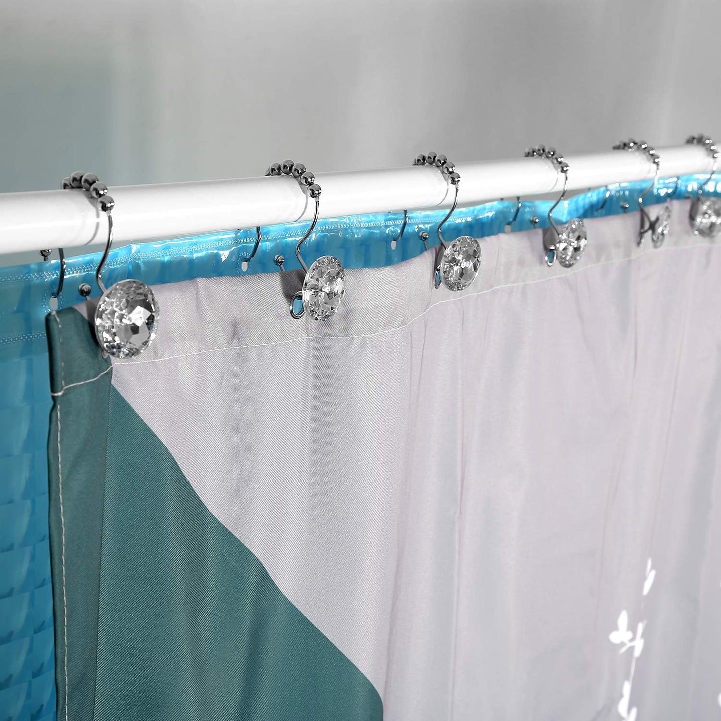 Shower Curtain Hooks, 12 Pcs Crystal Shower Curtain Rings, Stainless Steel Rust Proof Double Shower Hooks for Curtains, Shower Curtain & Liner Decor (Crystal White)