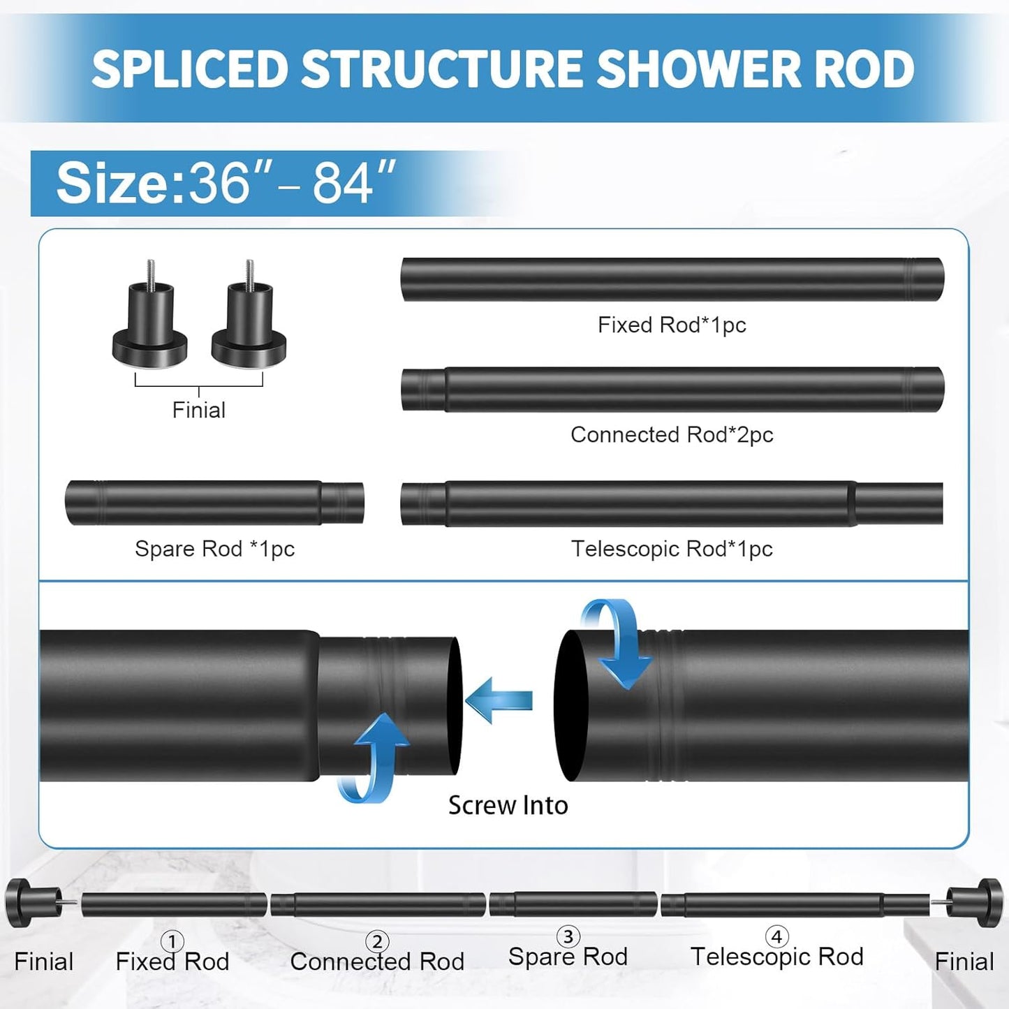 Black Shower Curtain Rod 36-84 Inches (3-7Ft) Non Rust Adjustable Shower Rod Spring Tension Non Slip No Drilling Stainless Steel Shower Rods for Bathroom Window