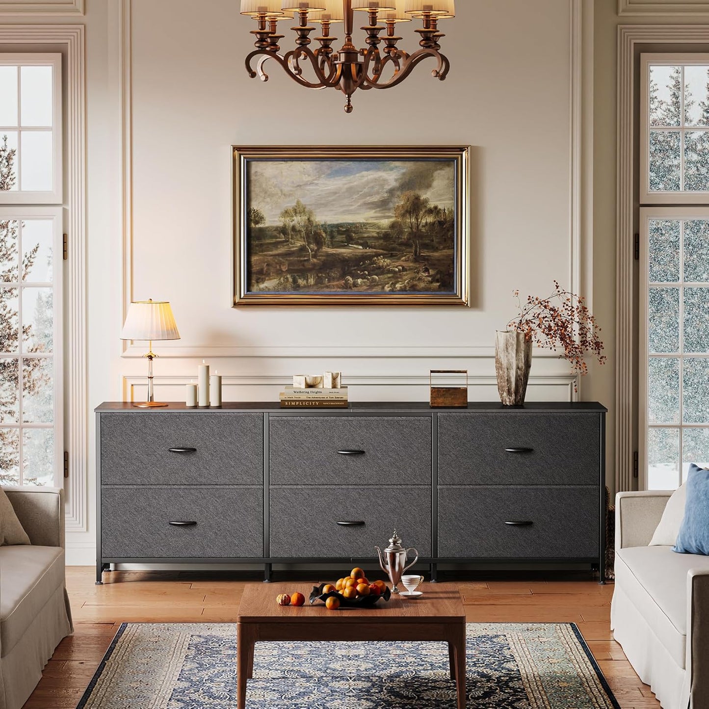 63-Inch Modern Dresser and TV Stand Combo, Suitable for 55 to 70 Inch TVs, 6-Drawer Storage Organizer with Fabric Drawers for Bedroom and Entryway, Black Finish