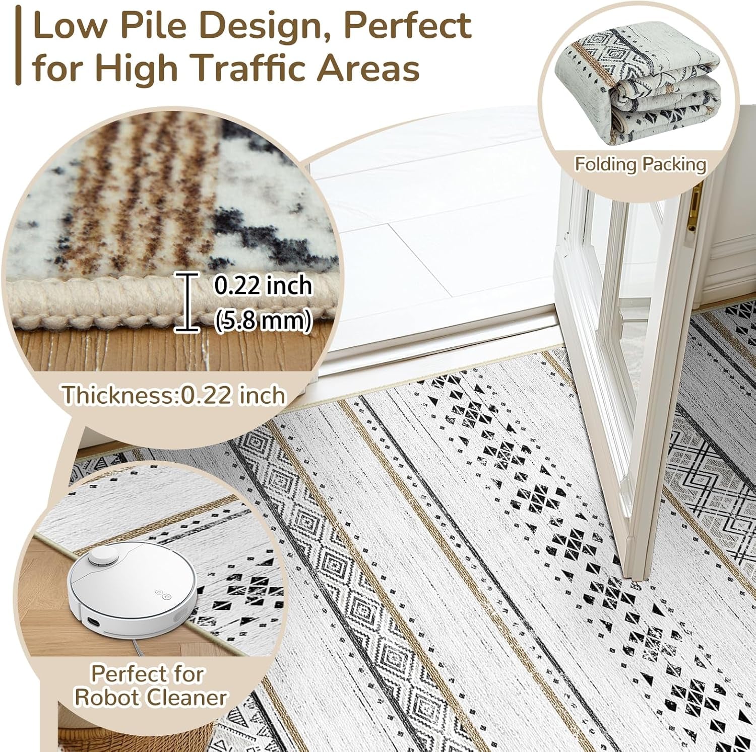 8X10 Area Rugs for Living Room Washable Moroccan Farmhouse Neutral Geometric Low Pile Non-Slip Soft Print Pattern Rug for Bedroom Kitchen Dining Room Entryway Black/Brown