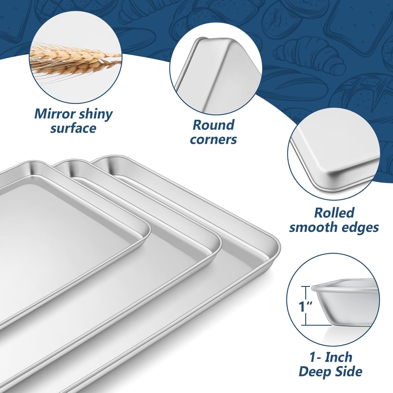 17.5 + 16 + 10.4 Inch Baking Sheets with Racks Set, Stainless Steel Baking Cookie Sheet Oven Pan and Cooling Rack, Healthy & Easy Clean, Oven & Dishwasher Safe, 3 Sizes & 6Pcs