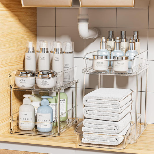 2 Sets of 2-Tier Clear under Sink Organizers and Storage, Multi-Purpose Stackable Bathroom Cabinet Organizers, Pull Out Kitchen Pantry Organization and Storage with Dividers