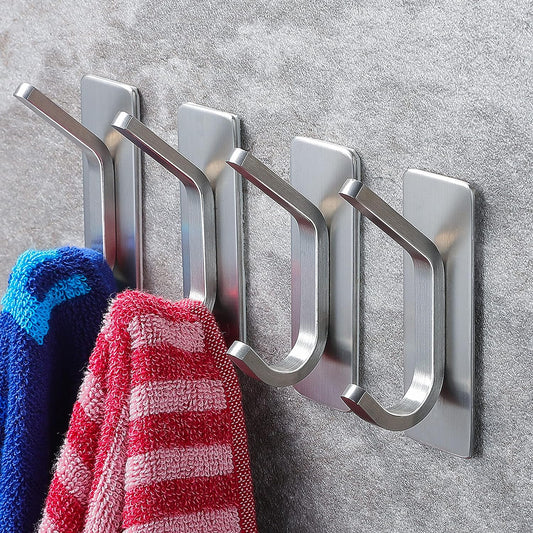 Stainless Steel Adhesive Towel Hooks - 4-Pack Wall Hooks for Coats, Robes, and Towels for Bathroom and Kitchen Use