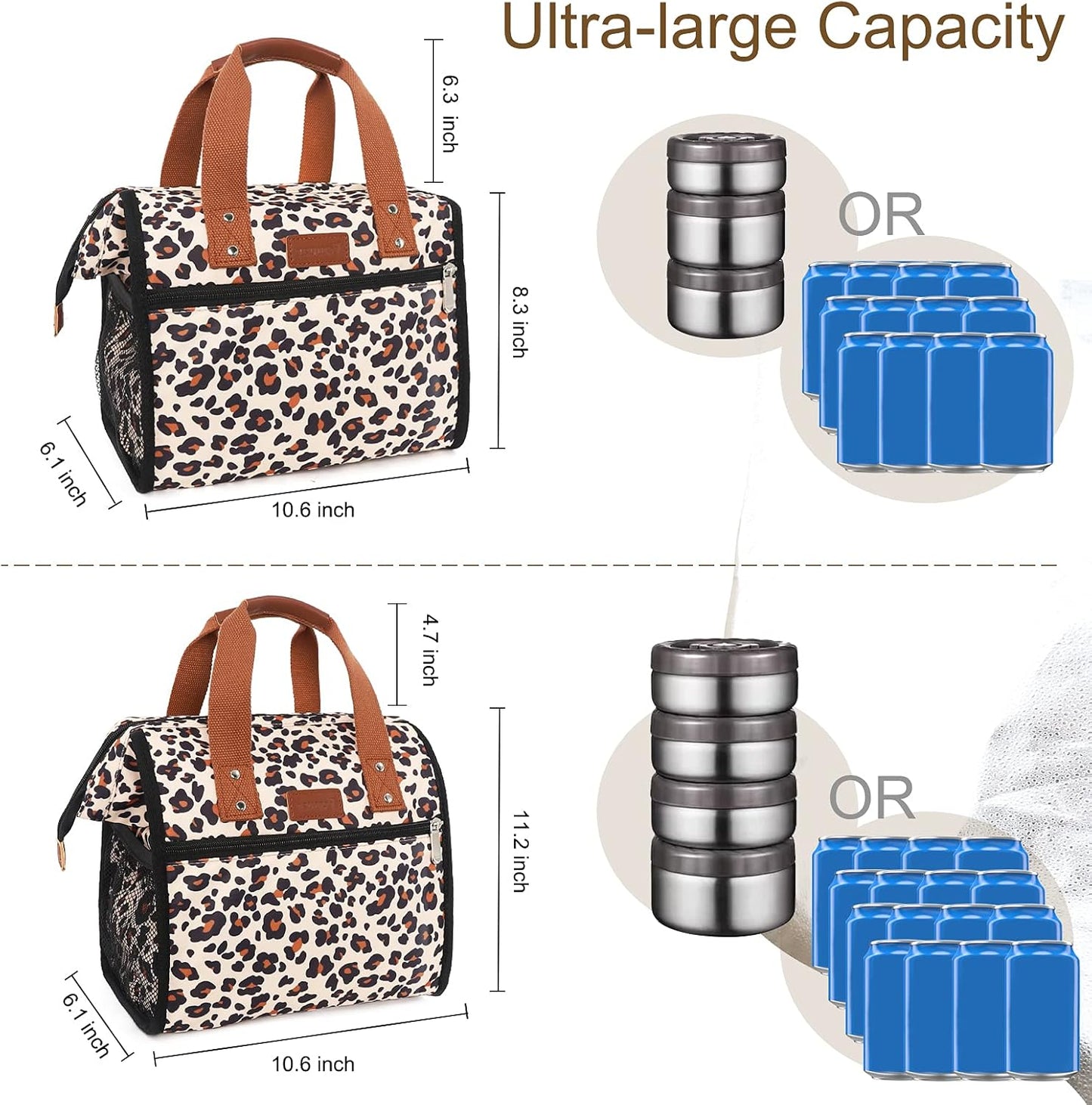 Leopard Lunch Bag Insulated Lunch Bags for Women Men and Kids Reusable & Wide-Open Lunch Tote Bag Portable Insulated Bag for Office, School and Picnic, (Beige with Leopard)