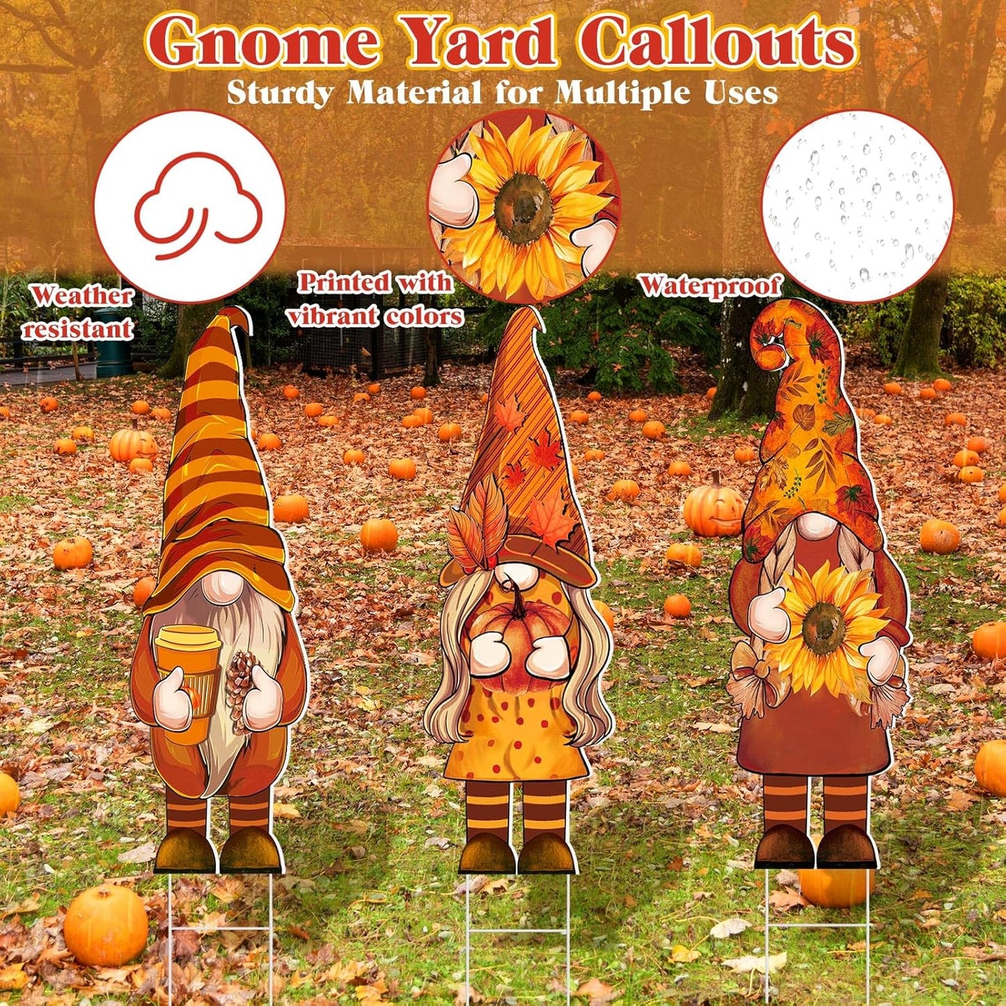 Set of 3 Autumn Gnome Yard Signs with Stakes - 32 x 10 Inches Outdoor Fall Garden Decor for Home Pathways and Walkways (Pumpkin Design)