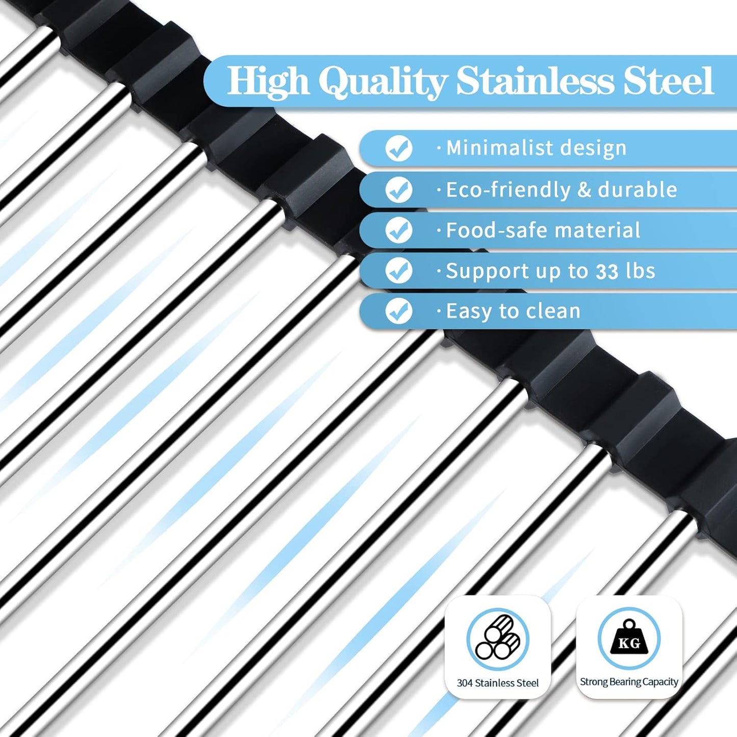 Roll up Dish Drying Rack over the Sink Drying Rack for Kitchen, Folding Dish Rack over Sink Mat, Stainless Steel Dish Drainer Rack Kitchen Organizer Accessories Black 17"X11.8"