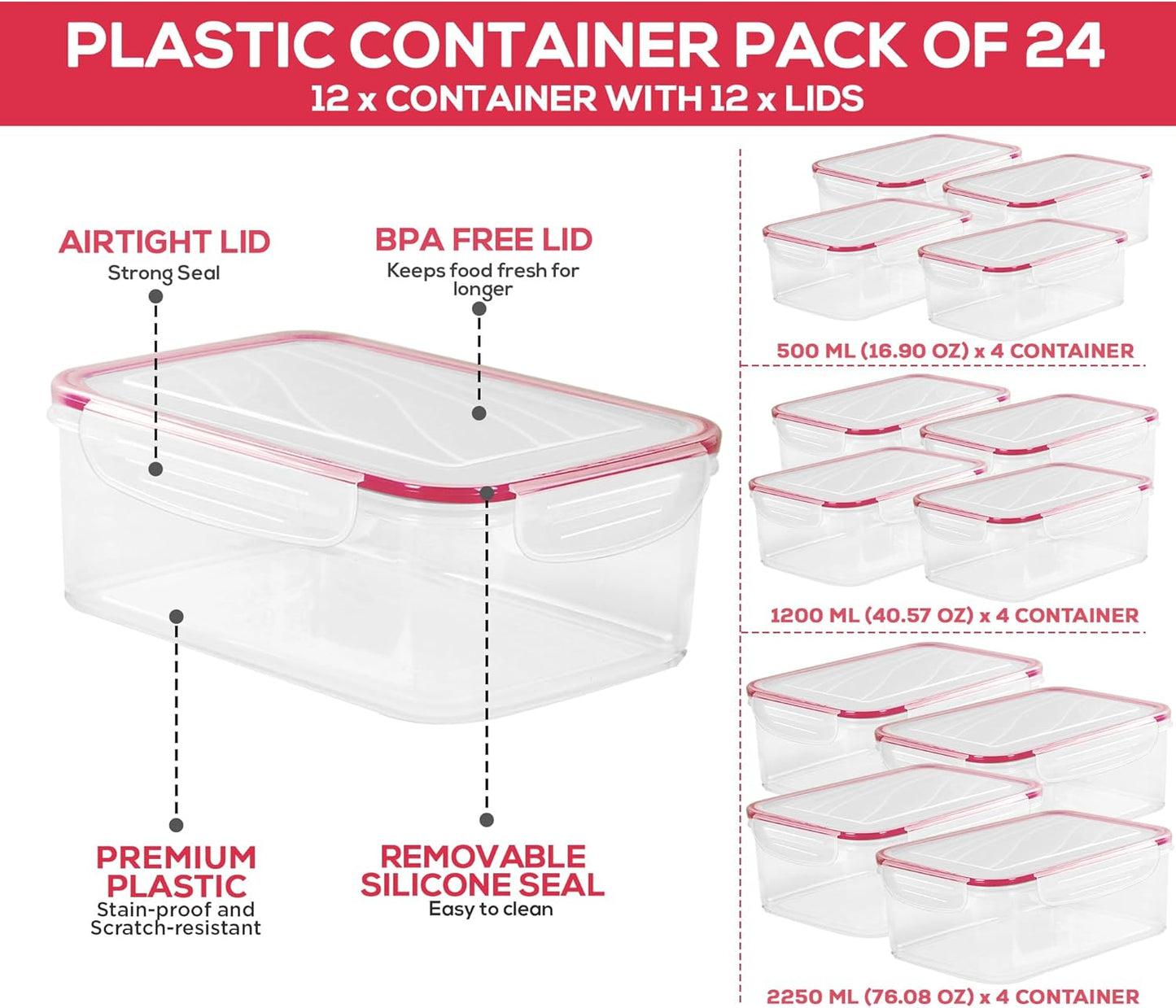 Plastic Food Storage Container Set with Airtight Lids - 24 Pieces (12 Containers & 12 Snap Lids)- Reusable & Leftover Lunch Boxes - Leak Proof & Microwave Safe